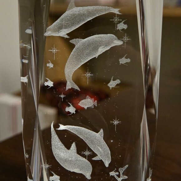 3D Laser Etched Crystal 6" Tall Dolphins & Fish - Picture 1 of 4